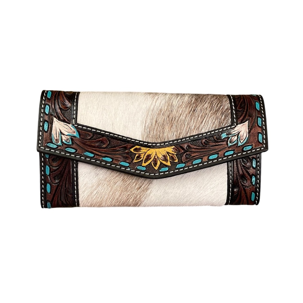 Women's Hair-on Hide Wallet with Turquoise Floral Accents